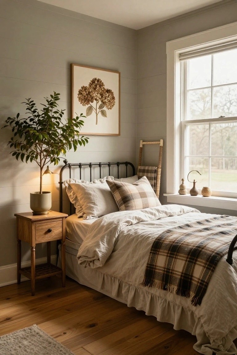 Corner view of a light gray shiplap bedroom with black metal bed frame, white linen duvet and shams, plaid pillows and throw, wooden nightstand holding a potted ficus and lamp, ladder shelf with blanket, framed hydrangea artwork, and window sill with ceramic vases.