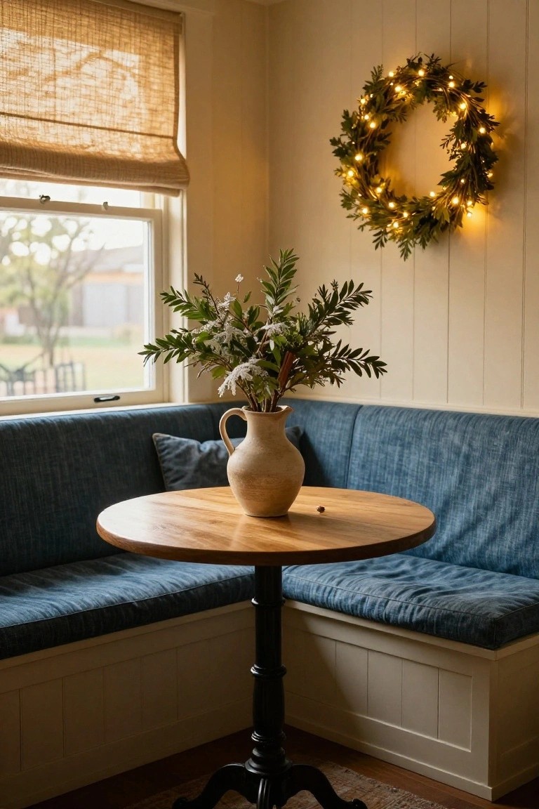 Beige paneled interior corner with built-in blue bench seating around a round wooden pedestal table holding a terracotta vase of branches and white flowers, lit green wreath on wall next to window with bamboo shade.
