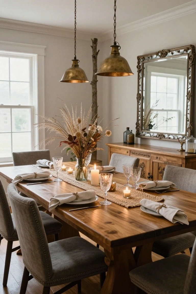 Dining room with a long wooden trestle table set with white plates, twine-tied napkins, wine glasses, multiple candles, a glass vase of dried pampas grass and fall flowers on a seagrass runner, under two brass pendant lights, flanked by gray upholstered chairs, next to a wooden sideboard with mirror.