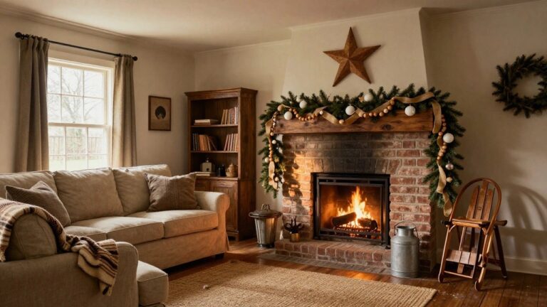 A small lit Christmas tree with wooden star topper, burlap ribbons, white ornaments, and bead garlands stands beside a brick fireplace with greenery and bead mantel garland in a neutral living room with beige sofa and jute rug.