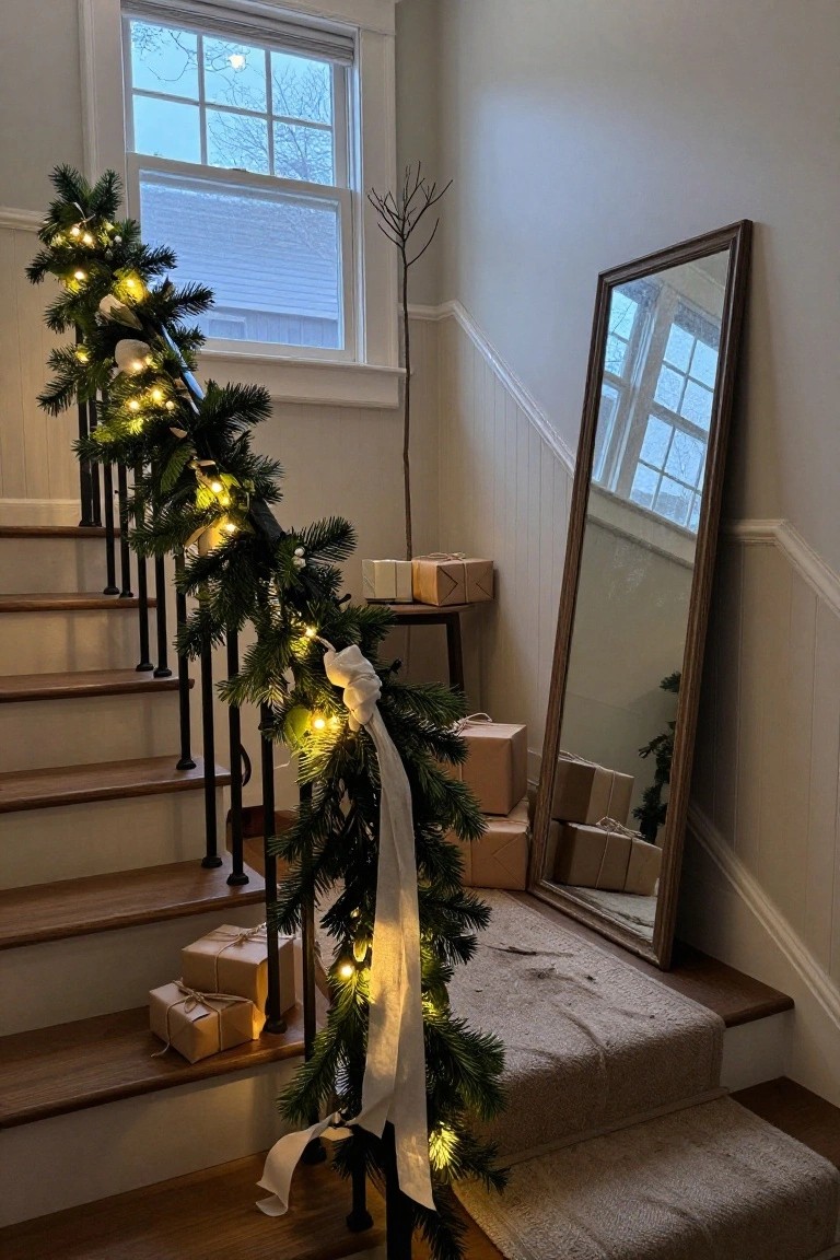 Wooden staircase with black metal railing wrapped in lit evergreen garland and white ribbon, a tall wood-framed mirror nearby, wrapped gifts on steps, and a window with garland in a light-colored interior.
