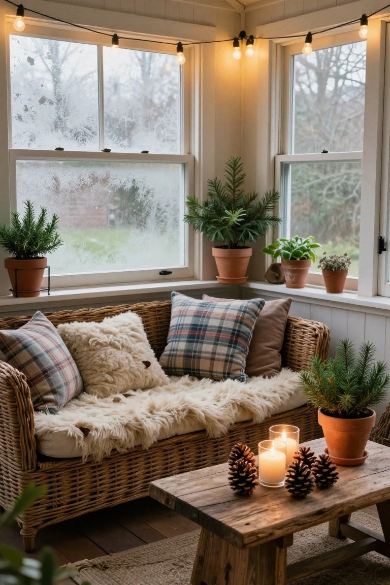 Wicker loveseat with plaid pillows, sheepskin throw, and wooden coffee table holding candles and pinecones in a sunroom with potted plants, string lights, and foggy windows showing winter trees outside.