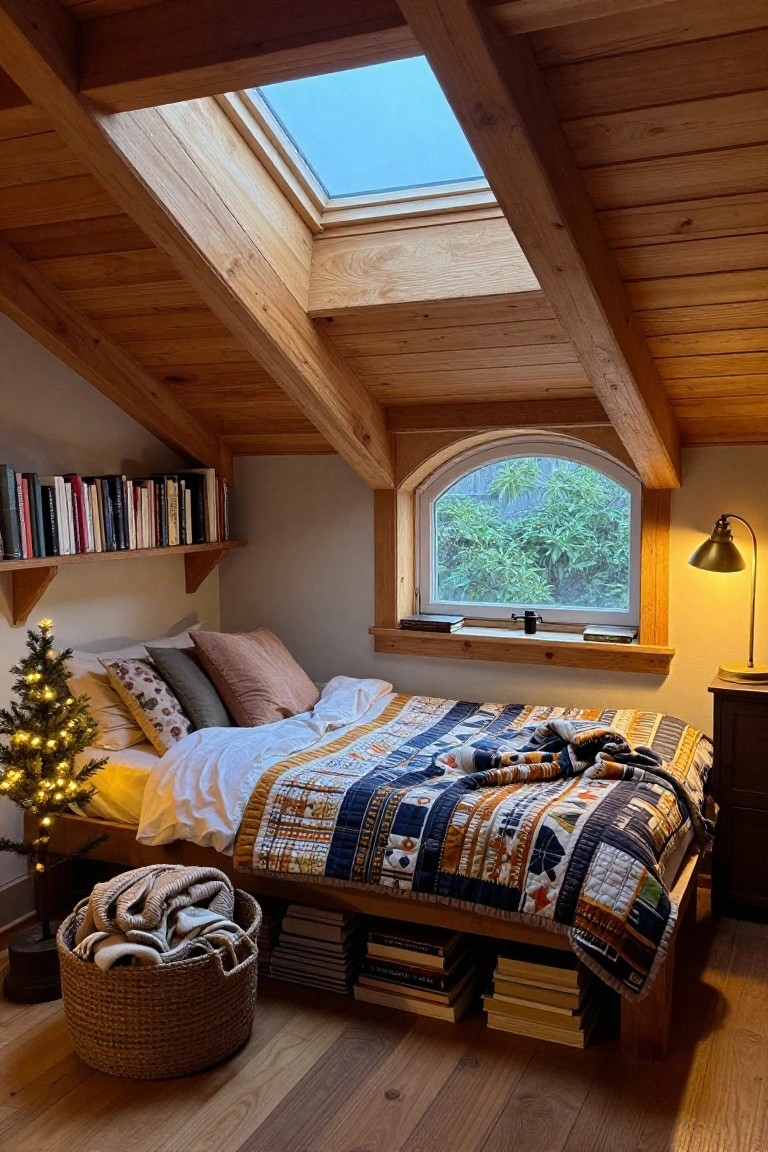 Attic bedroom with sloped wooden ceiling and beams, skylight, queen bed with colorful quilt and pillows, small lit Christmas tree nearby, bookshelves, arched window with greenery outside, and warm wood floors.