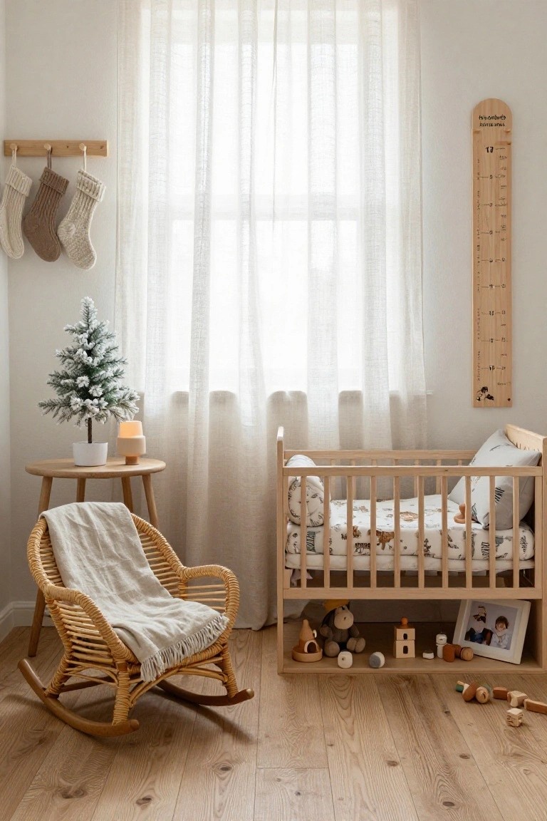 Cozy nursery room with wooden crib, rattan rocking chair with throw, small flocked Christmas tree on side table, height chart on wall, stockings hung by window, and wooden toys on floor.