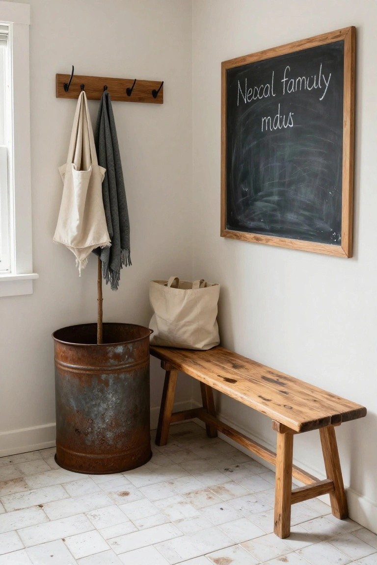 White interior corner with wooden hooks holding a beige tote bag and gray towel, blackboard sign reading 