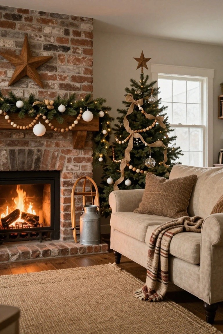 A small lit Christmas tree with wooden star topper, burlap ribbons, white ornaments, and bead garlands stands beside a brick fireplace with greenery and bead mantel garland in a neutral living room with beige sofa and jute rug.
