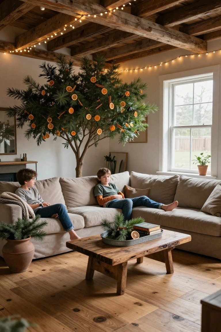 Living room with exposed wooden beam ceiling strung with lights, tall Christmas tree decorated heavily with dried orange slices and cinnamon sticks, beige sofa holding two boys, wooden coffee table, potted plants nearby.