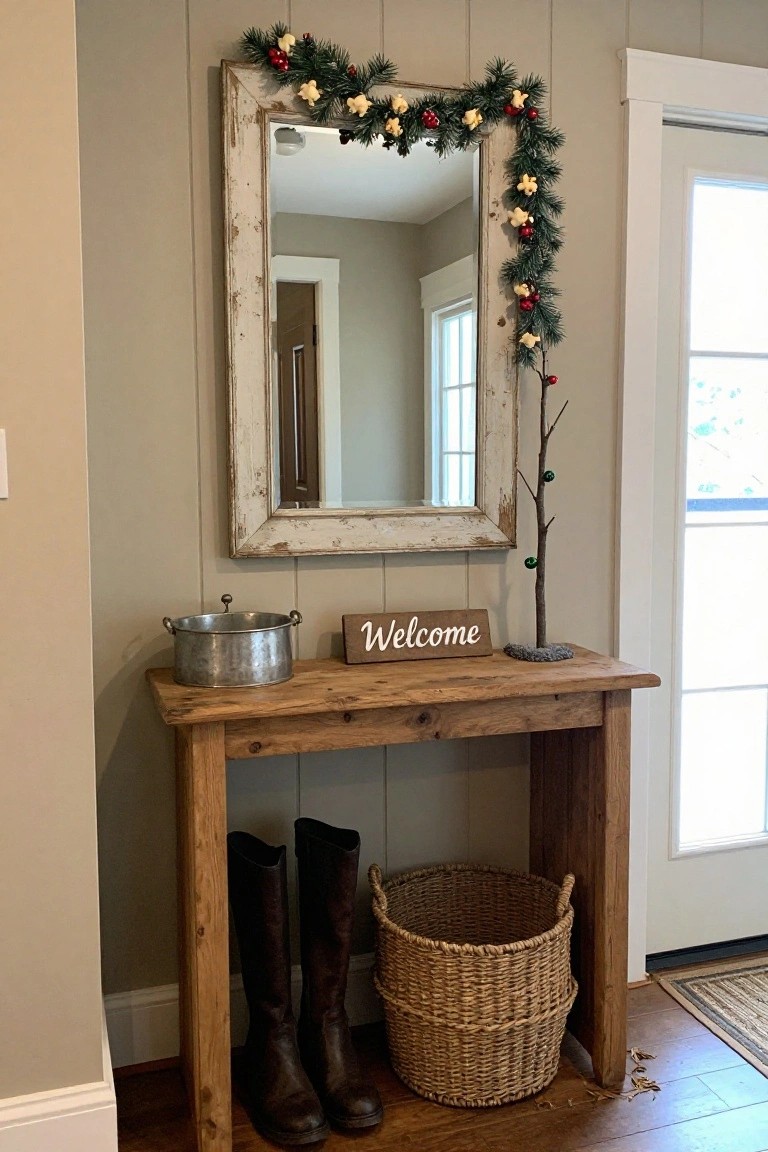 Rustic wooden console table in a beige paneled entryway holding a small twig tree with green ornaments, a wooden welcome sign, galvanized bucket, wicker basket, tall black boots, and adjacent whitewashed mirror draped with pine garland and holiday picks.