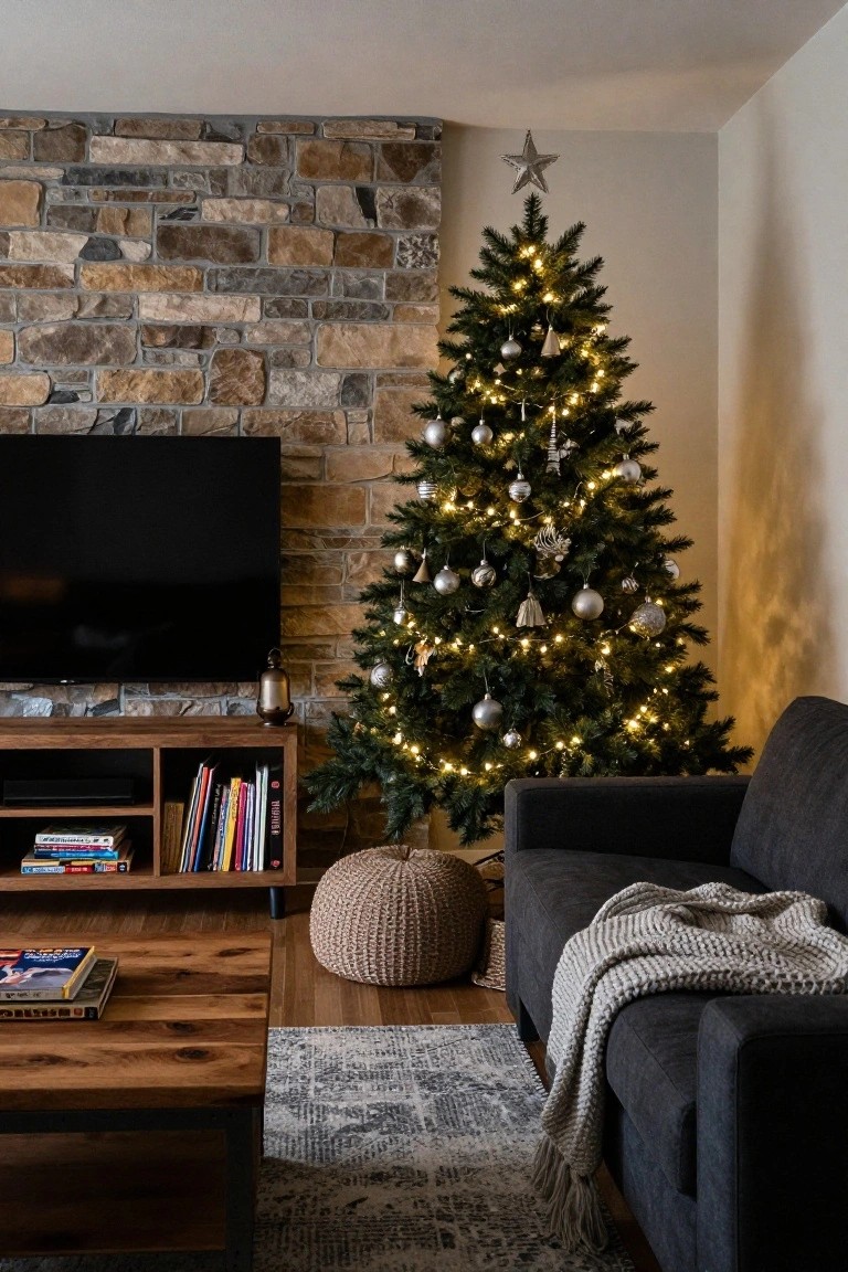 A lit Christmas tree decorated with silver and white ornaments stands in front of a textured stone accent wall in a living room with a mounted black TV, wooden media console and coffee table, and gray sofa with throw blanket.
