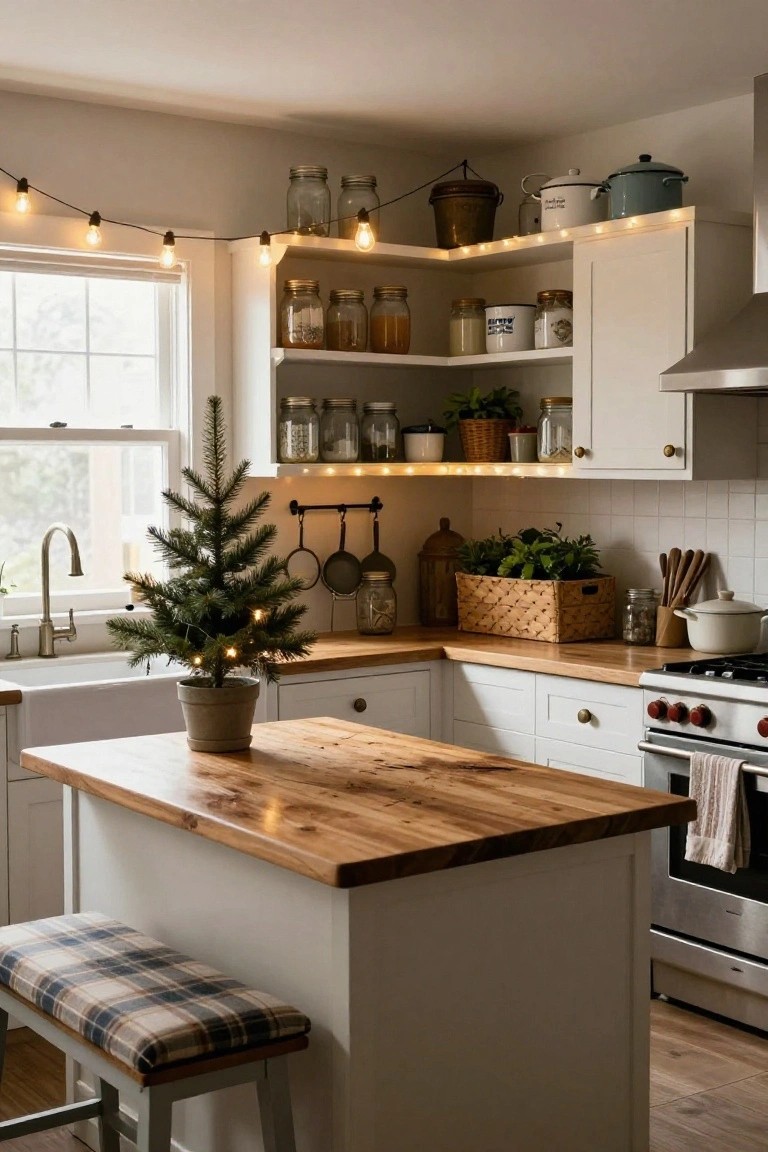 Rustic farmhouse kitchen with white cabinets, wooden island topped by a small potted Christmas tree with lights, string lights overhead, jars on shelves, sink, and stove.
