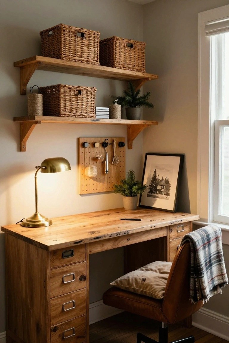 Cozy home office corner with rustic wooden desk, leather chair draped in plaid blanket, lit brass lamp, pegboard wall organizer, framed black-and-white tree photo, and wooden floating shelves holding wicker baskets and potted pine branches.