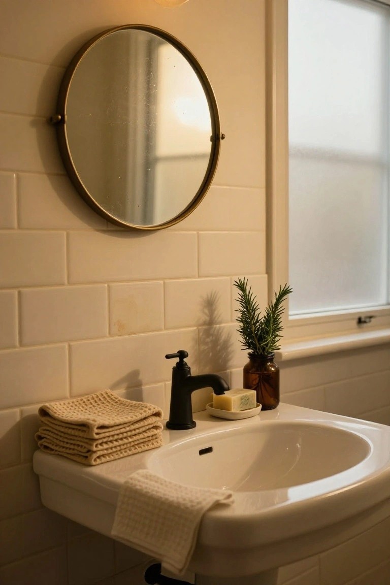 White pedestal sink in a bathroom with matte black faucet, stacked beige textured towels on the edge, white towel draped over, soap dish, amber jar with rosemary sprigs, and round brass mirror on light subway tile walls beside a frosted window.