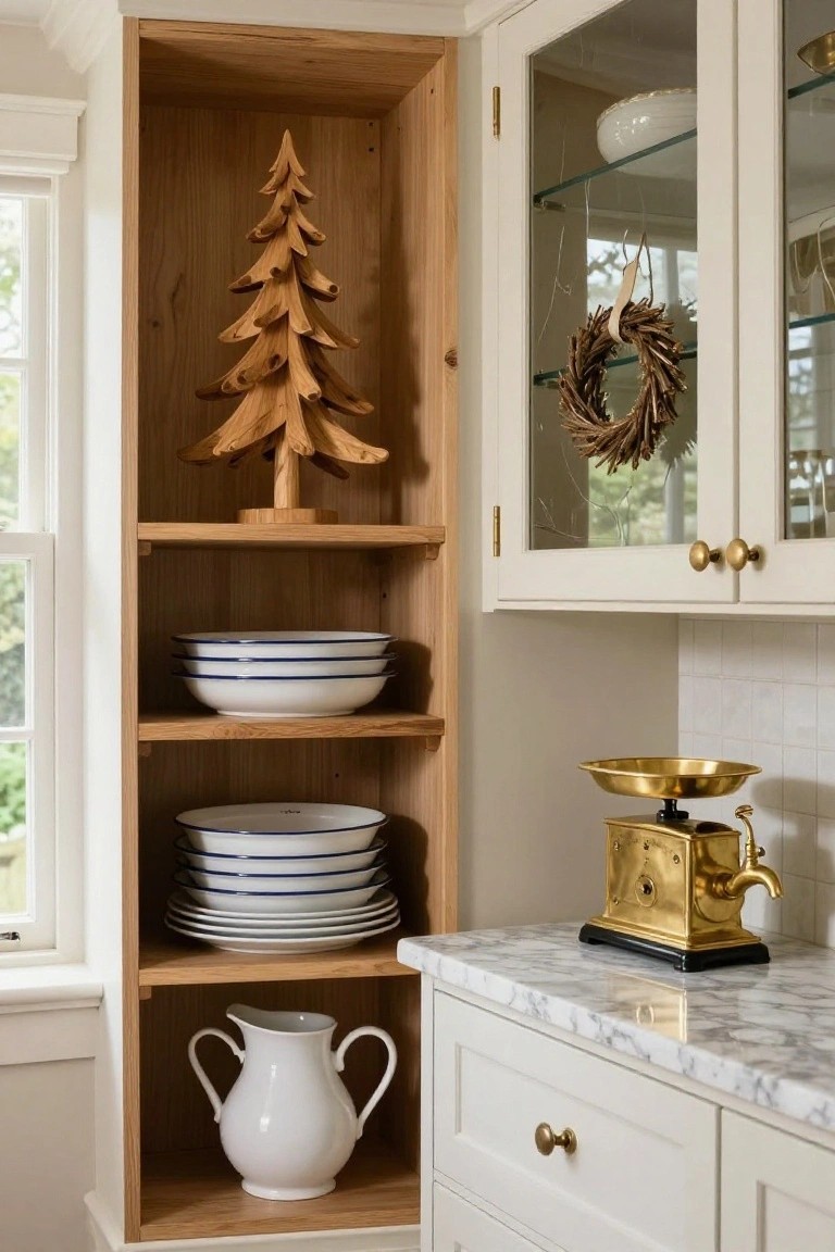 Open oak kitchen shelving with a tall carved wooden Christmas tree sculpture on the middle shelf, stacked white bowls with blue rims above and below, white handled pitcher on bottom shelf, beside cream cabinets with glass doors displaying dishes and wreath, gold scale on marble countertop.