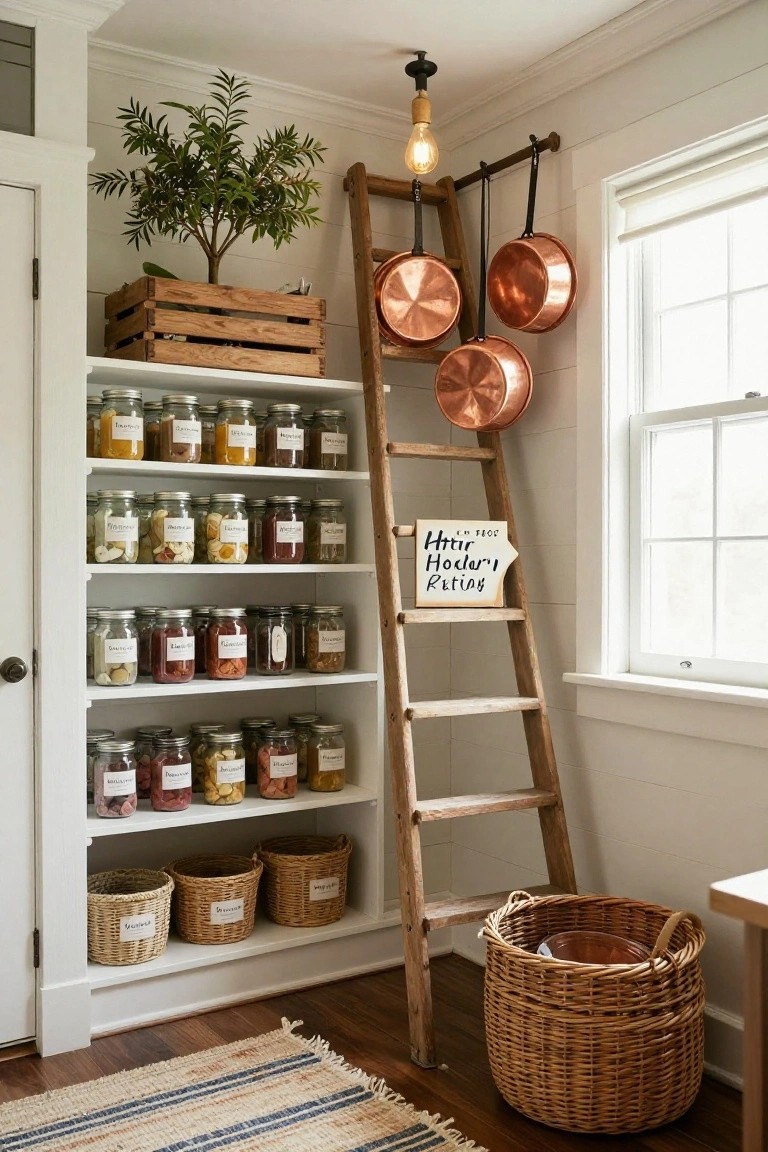 Wooden ladder used as shelving in a kitchen corner pantry, holding rows of labeled glass jars with spices and foods, copper pots hanging from a rod above, woven baskets on lower shelves and floor, sign reading 