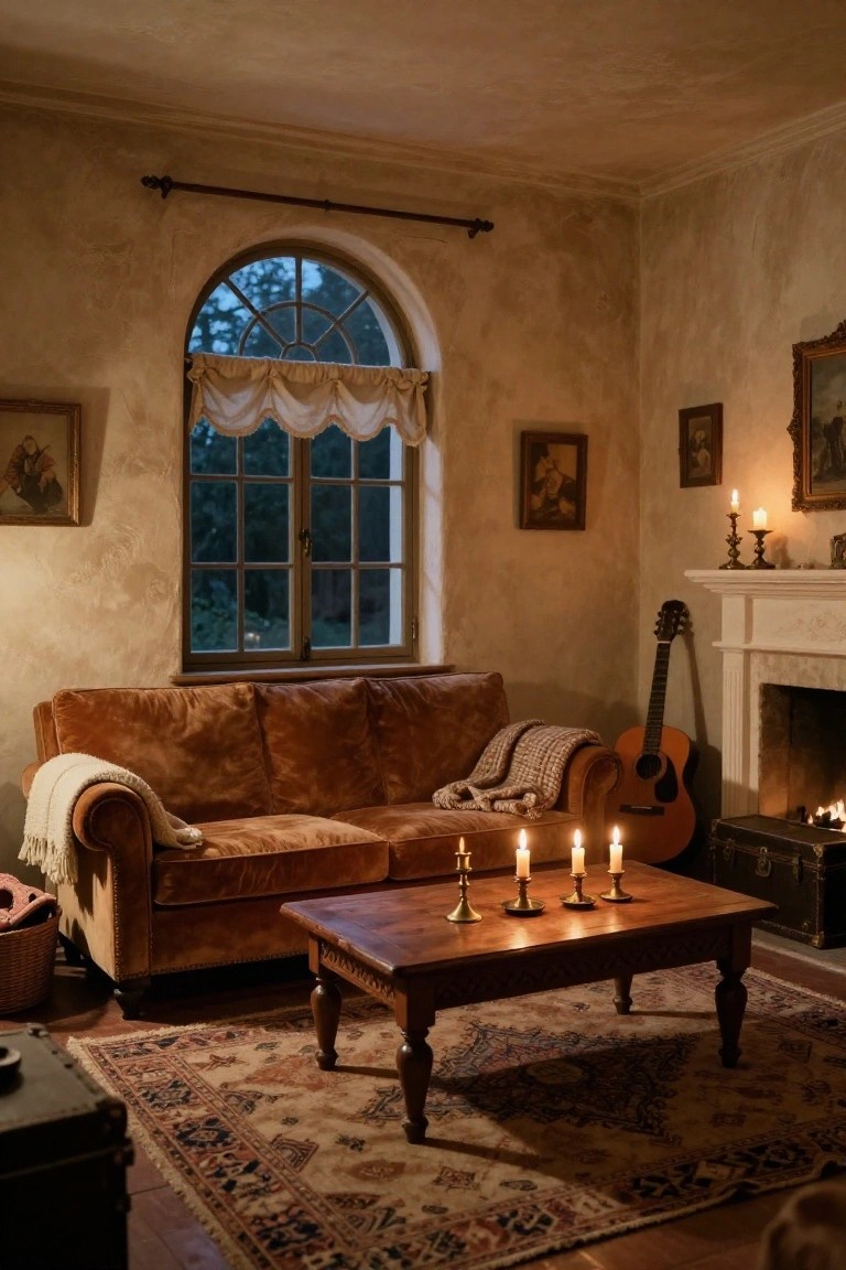 Rustic living room interior with brown leather sofa draped in a cream throw, low wooden coffee table holding four lit brass candelabras, acoustic guitar leaning by white fireplace mantel, Persian rug on floor, and arched window with white scalloped curtains.