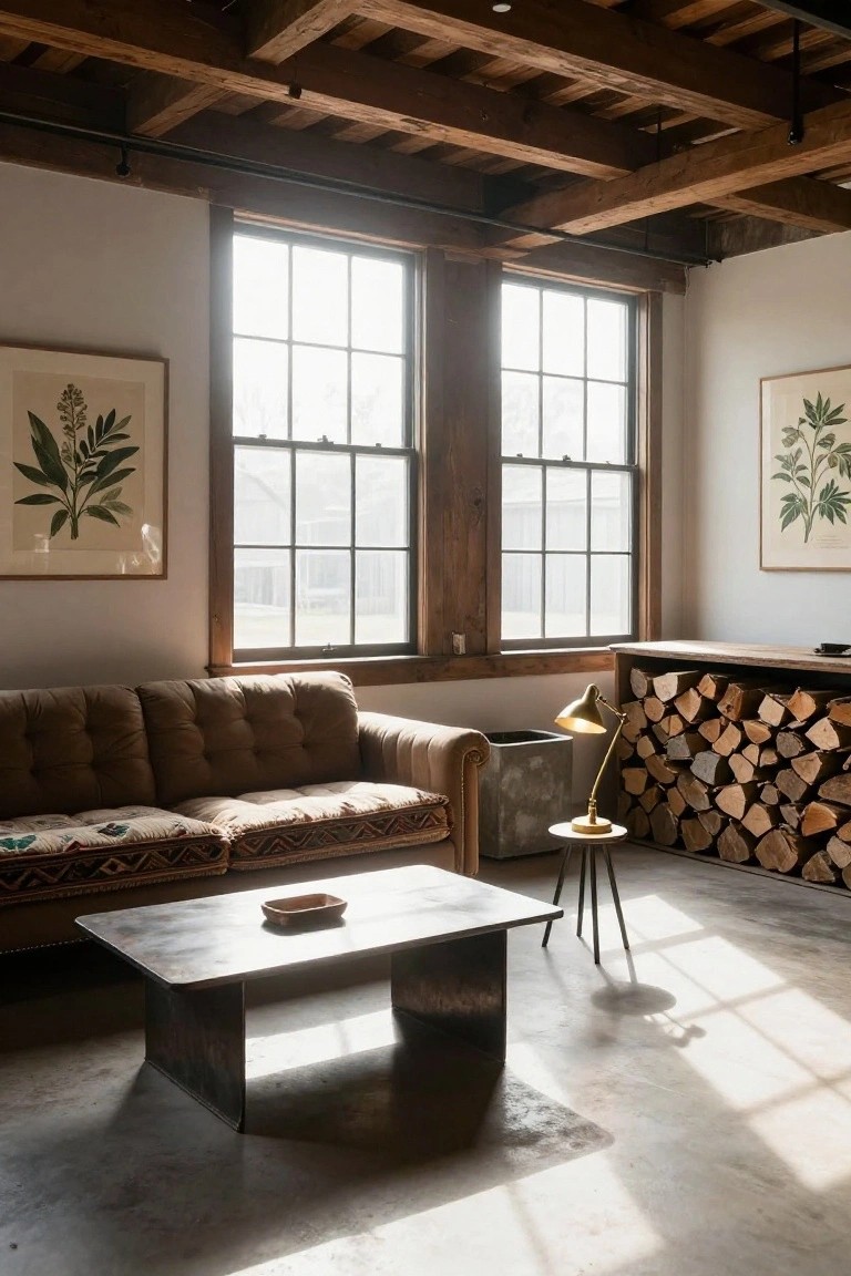 Rustic living room featuring exposed wooden ceiling beams, large windows with natural light, brown tufted sofa, low metal coffee table, brass arc lamp, and built-in wooden bin filled with firewood logs.