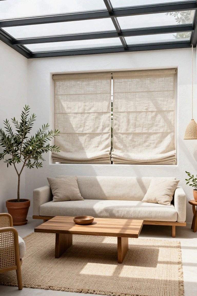 A sunlit living room with beige low-profile sofa, wooden low coffee table on seagrass rug, rattan chair, potted olive tree, linen roman shades on window, and black-framed glass ceiling.