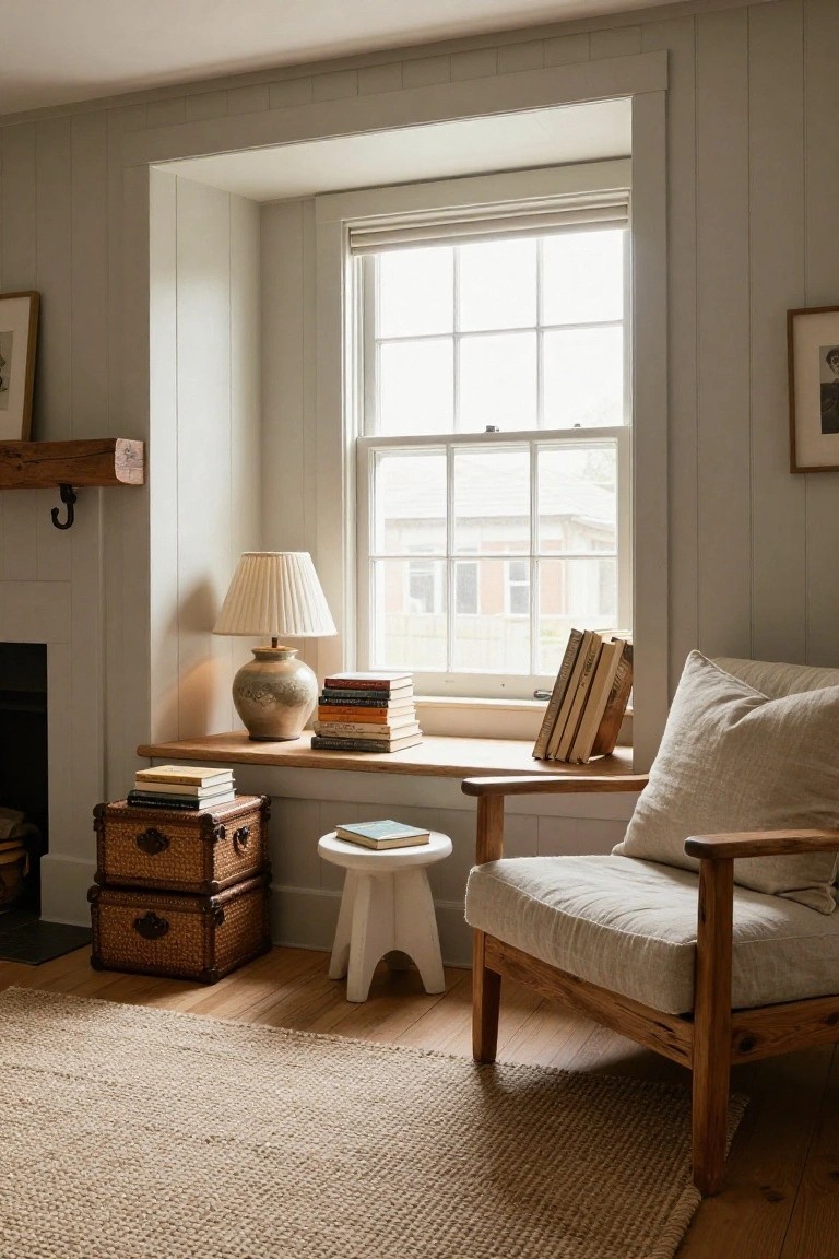 Light gray vertical paneled walls in a living room with a wide window seat holding stacked books and a ceramic lamp, a wooden armchair pulled up beside it, two wicker trunks by a brick fireplace, and a seagrass rug on hardwood floors.