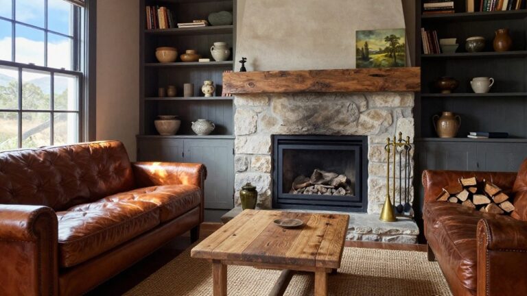 Living room with tall stone fireplace, wooden mantel, leather sofas, firewood rack, and landscape painting above the hearth.