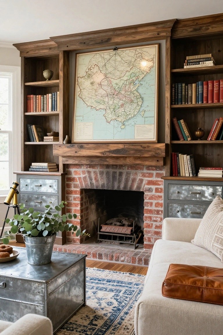 Living room with tall wooden built-in bookshelves on both sides of a brick fireplace, large framed map above the wood mantel, metal furniture pieces, potted eucalyptus plant, and beige sofa on blue-patterned rug.