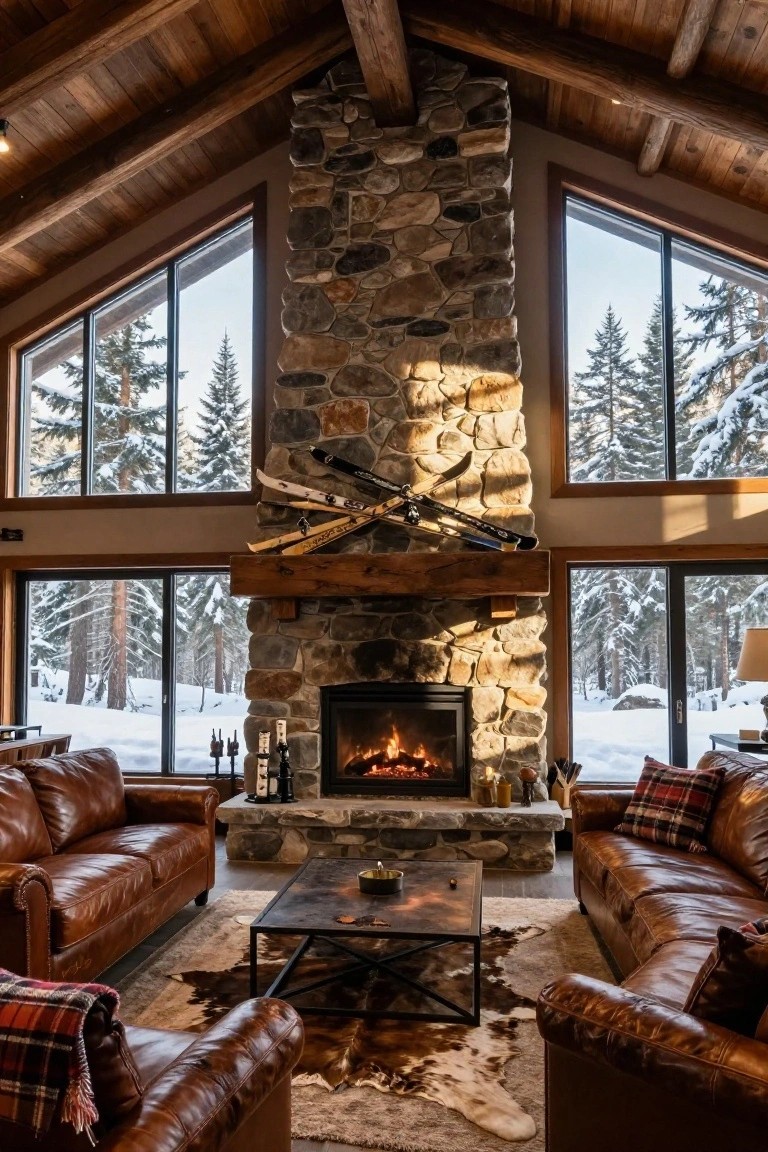 Rustic living room interior with tall stone fireplace chimney, wooden beams and mantel, crossed skis above fireplace, brown leather sofas around metal coffee table, cowhide rug, and large windows showing snowy pine forest outside.