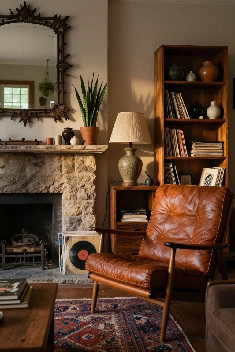 Leather Armchair by the Stone Fireplace