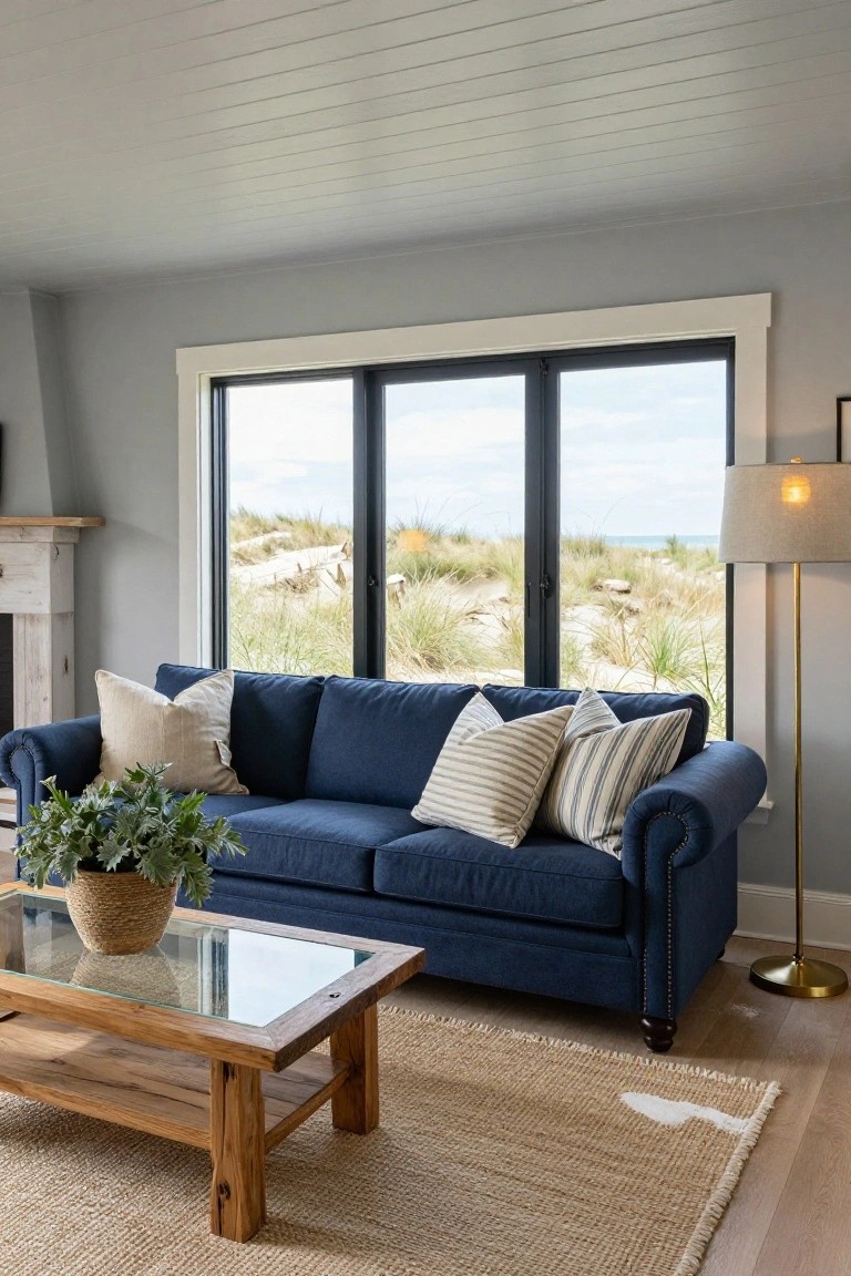 Living room interior with navy blue tufted sofa, glass-top wooden coffee table, seagrass rug, potted plant, floor lamp, and large black-framed windows showing sand dunes and lake beach, under white shiplap ceiling with driftwood fireplace mantel.