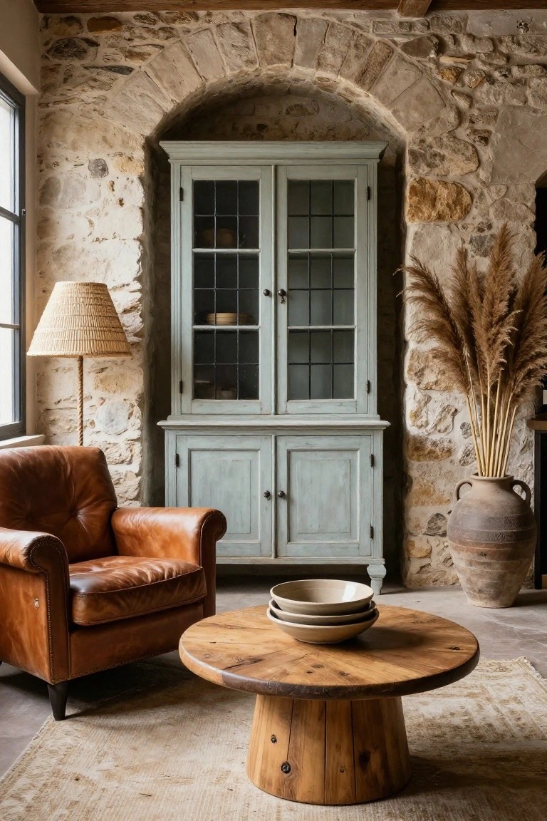 Rustic living room with exposed stone walls and arched doorway, turquoise painted wooden armoire with glass doors, tan leather armchair, round wooden coffee table holding stacked white bowls, tall pampas grass, rattan floor lamp, and large terracotta pots on tiled floor with woven rug.