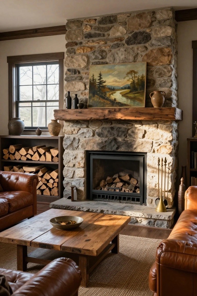 Living room with tall stone fireplace, wooden mantel, leather sofas, firewood rack, and landscape painting above the hearth.