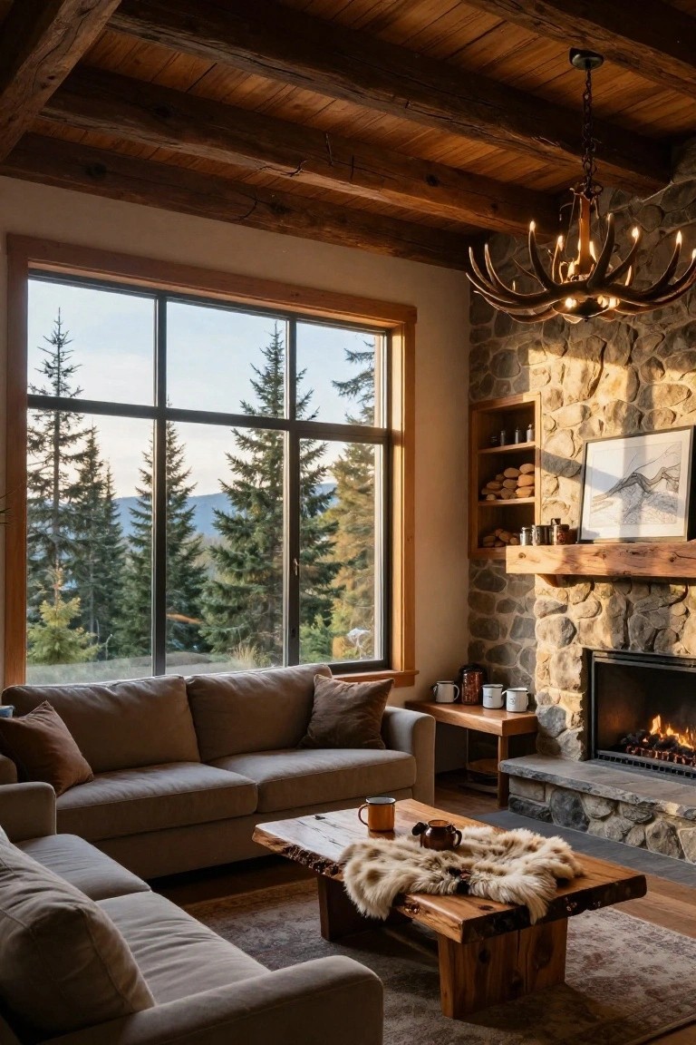 Rustic living room interior featuring exposed wooden beam ceiling, antler chandelier, stone fireplace with wooden mantel, beige L-shaped sofa, wooden coffee table with fur throw, and large windows showing pine forest and mountains.