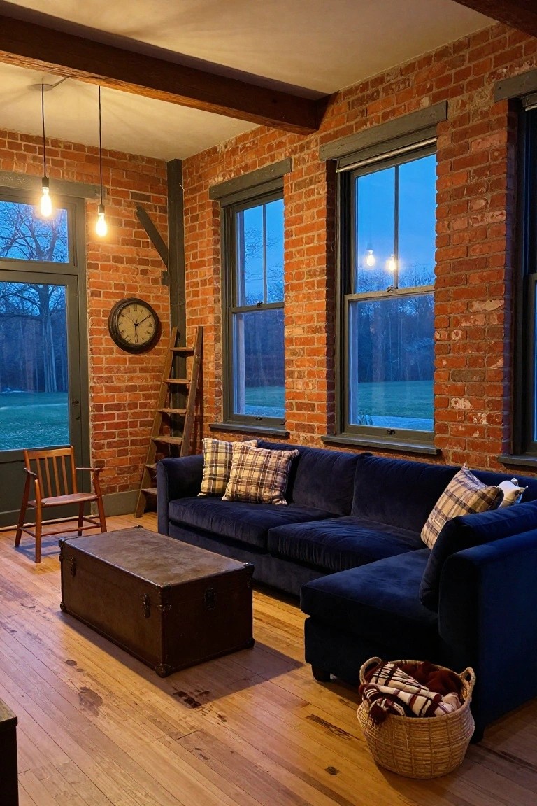 Rustic living room interior with exposed brick walls, wooden beams and floors, navy velvet L-shaped sofa with plaid pillows, wooden trunk as coffee table, leaning ladder shelf, small wooden chair, wicker basket with blankets, wall clock, and large windows showing trees and a field at dusk.
