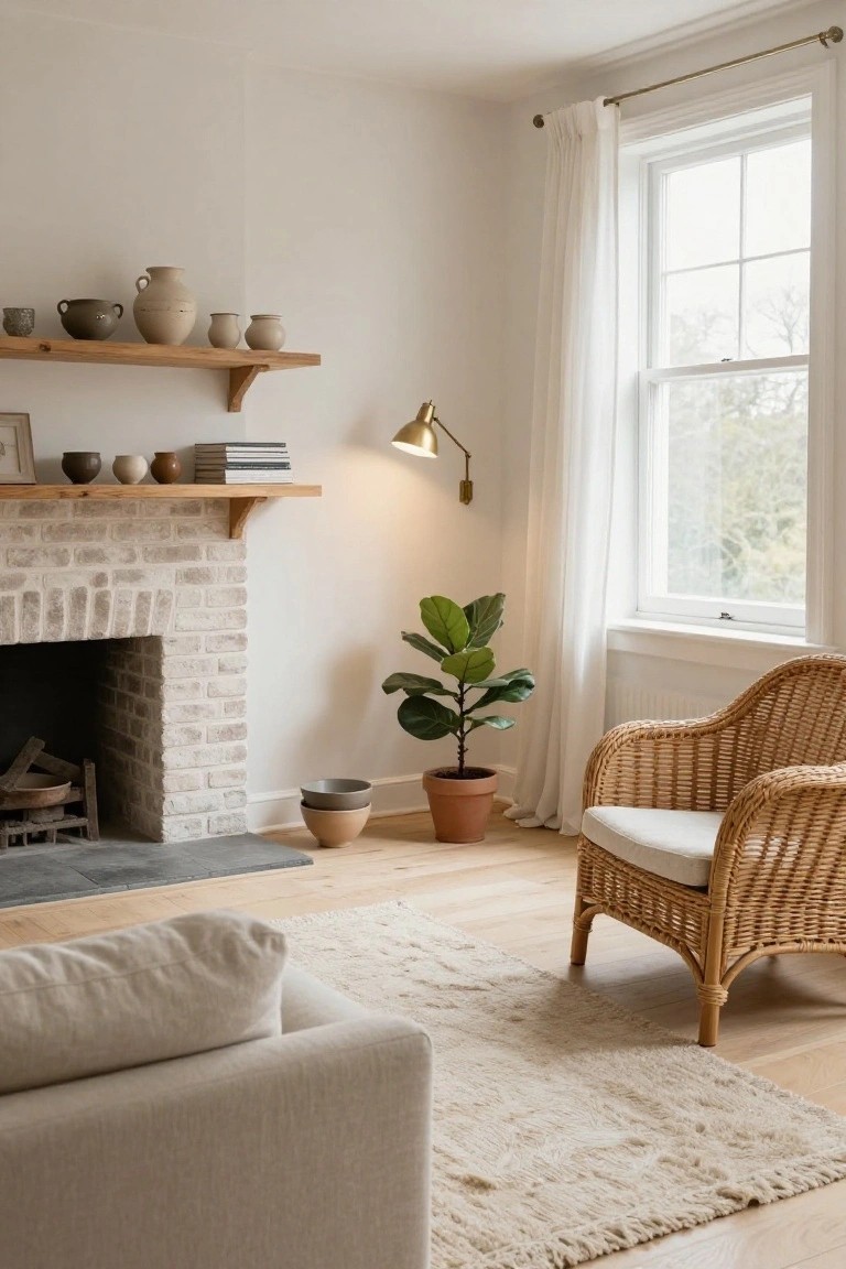 Living room corner with whitewashed brick fireplace on wood floors, wooden shelves holding pottery and books, potted fiddle leaf fig plant, rattan chair with white cushion, beige sofa, and tall window with white curtains.