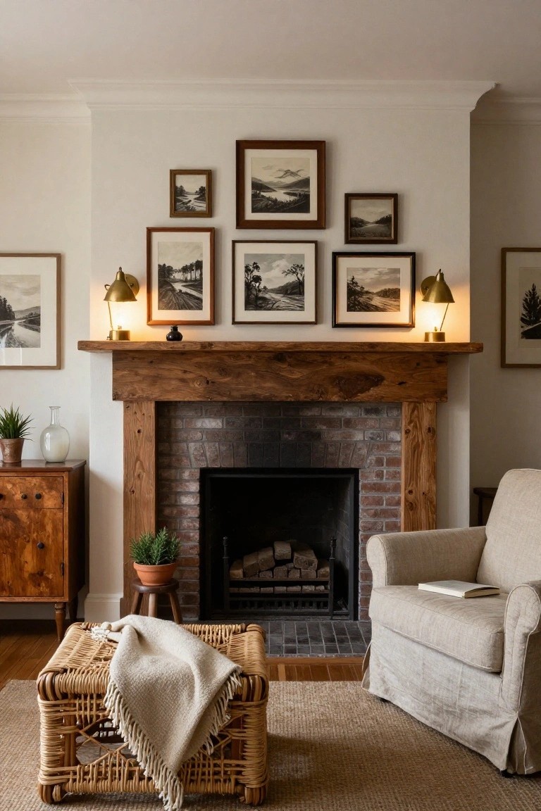 Living room with white walls, brick fireplace under thick dark wood mantel shelf, multiple black-and-white framed landscape photos arranged above, brass wall sconces lit, wooden furniture with plants, wicker stool draped with cream throw, beige armchair, seagrass rug on wood floor.