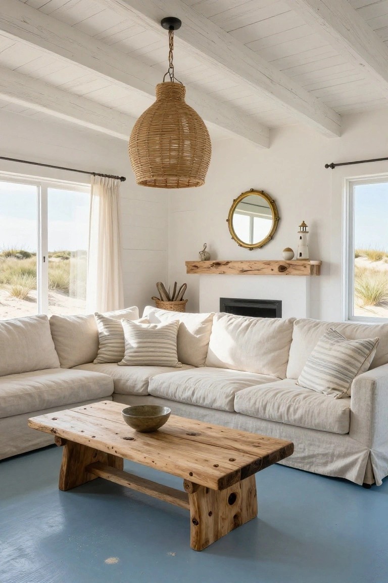 Living room interior with whitewashed beamed ceiling, rattan pendant light, white linen L-shaped sofa with striped pillows, reclaimed wood coffee table holding a ceramic bowl, brick fireplace with wood mantel and nautical decor, large windows showing sand dunes, and blue painted wood floor.