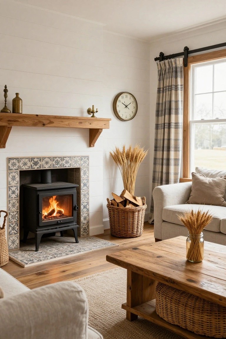 A cozy living room with a black wood-burning stove in a blue and white tiled surround, wooden mantel on shiplap wall, plaid curtains on a window, beige sofa, wooden coffee table, wheat stalks, and firewood basket.