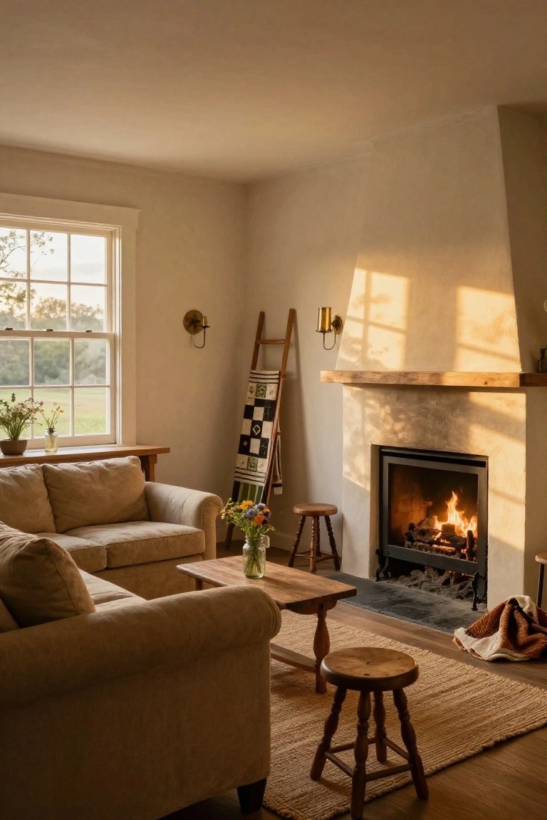 Living room with beige sofa, low wooden table, two wooden stools, ladder holding a quilt beside a stone fireplace with burning logs, wooden side table by window overlooking fields, warm golden light.