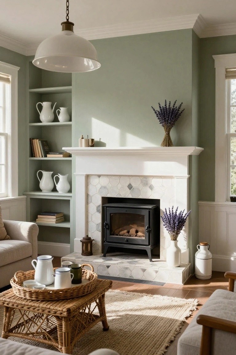Living room with sage green walls, white built-in shelves holding white jugs and books, white fireplace mantel with gray hexagonal tiles around a black wood-burning stove, cream sofas, wicker coffee table with teacups and greenery, and lavender stems.