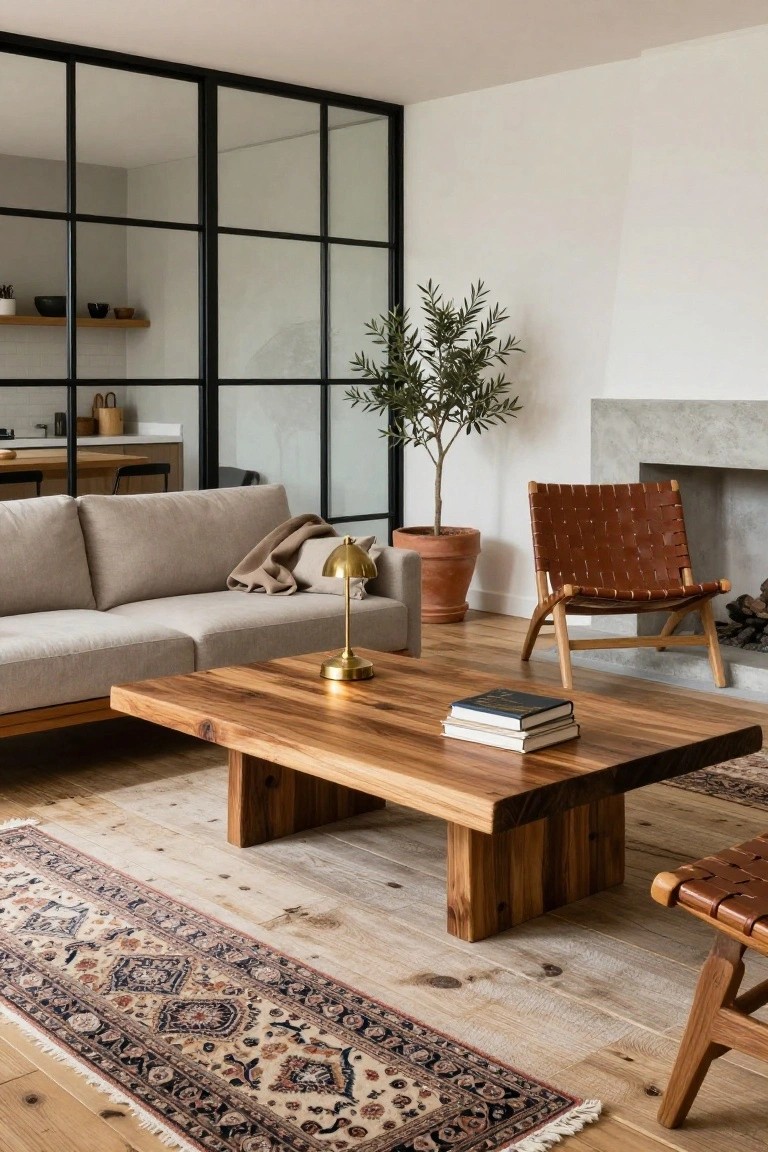 Light gray low-profile sofa with throw beside a rectangular solid wood coffee table holding stacked books and brass lamp, woven brown leather armchair, potted olive tree in terracotta pot, concrete fireplace with logs, black metal-framed glass doors to kitchen, light wood floors, and Persian runner rug.