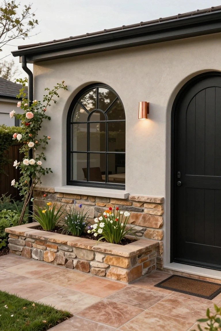 Beige stucco house exterior with black arched wooden door, arched black-framed window, copper wall sconce, stone planter box containing tulips and greenery, climbing pink roses on the wall, and terracotta paver pathway.