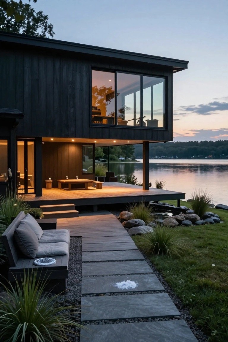 Black wood-clad modern house corner with large glass windows, elevated wooden deck over a lake, stone slab pathway through gravel and grasses, and outdoor seating.