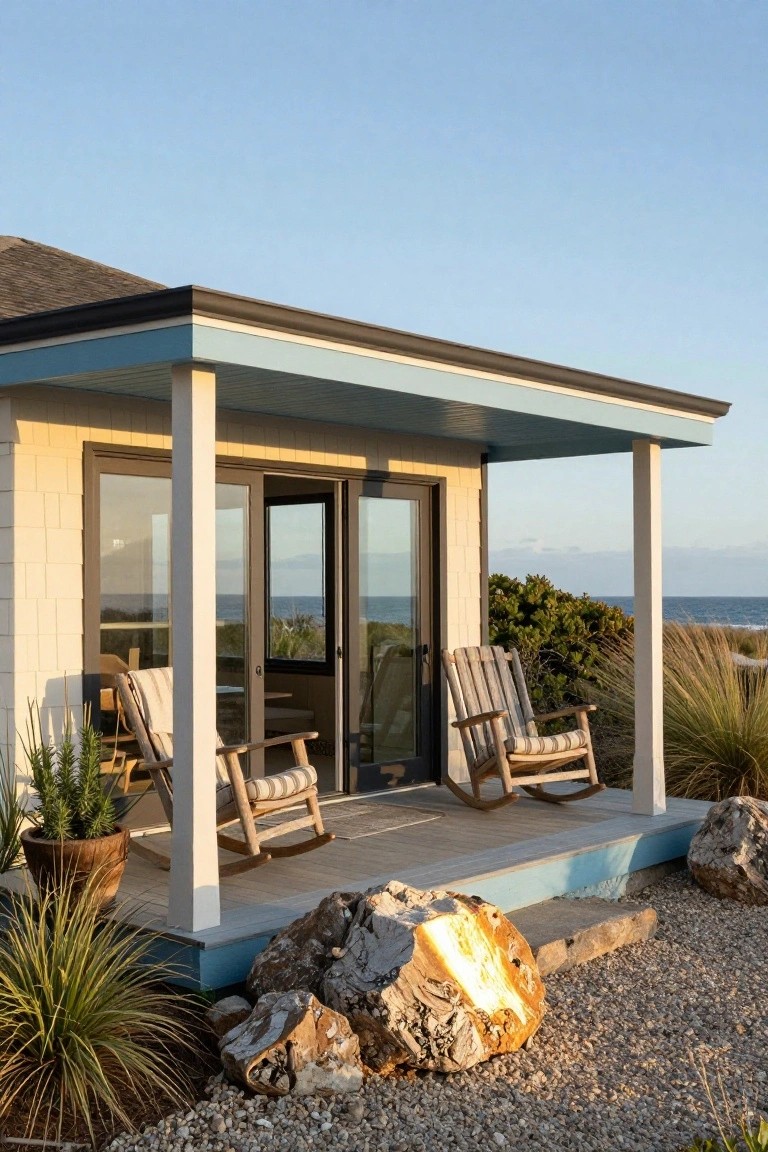 Beige shingle-sided beach house exterior with blue-trimmed covered porch holding two wooden rocking chairs with striped cushions, potted plant, grasses, large rocks, gravel ground, and ocean view beyond.