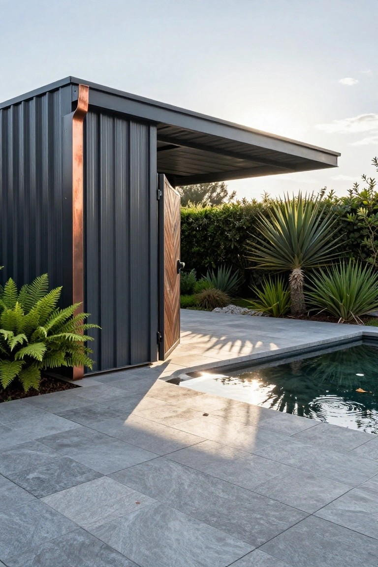 Angled view of a black corrugated metal pool house with copper downspout, open wooden plank door, and flat overhanging roof beside a rectangular pool on gray stone pavers surrounded by yucca plants, ferns, and hedges at sunset.