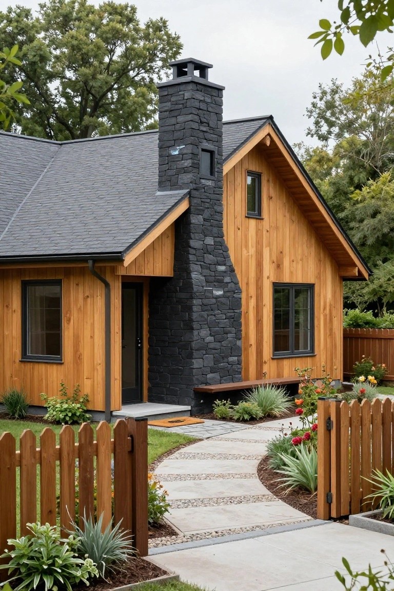Side view of a wooden house with light horizontal siding, tall dark gray stone chimney, dark shingle roof, black-framed windows and door, wooden picket fence, stone pathway, and plants in the front yard.