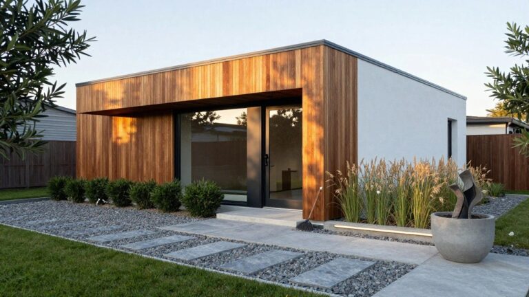 19 Simple Modern House Exterior Designs That Work in Any Neighborhood White modern house exterior with vertical wood-clad entry portal sheltering a black-framed glass door, LED-lit concrete steps leading to a dark mat, surrounded by ornamental grasses, boxwoods, potted olive tree, and gravel path.