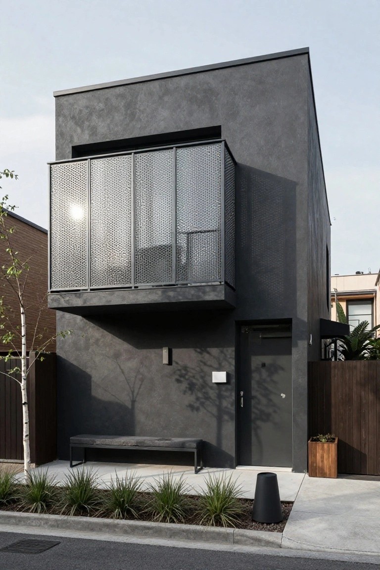 Two-story modern house with matte black textured stucco walls, perforated metal balcony railing, black front door, wooden bench, low grasses, and a tall black planter in the front yard.