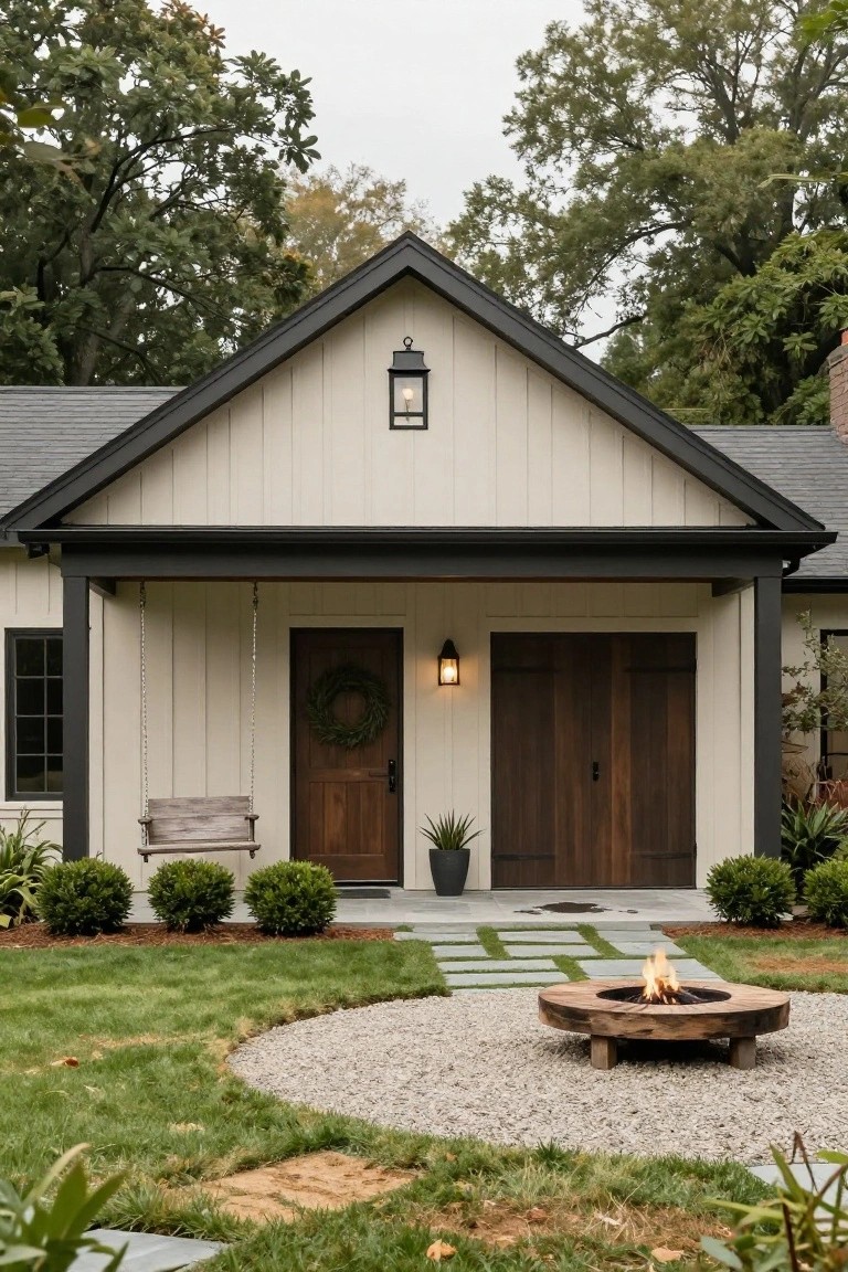 Front view of a beige board-and-batten house with black-trimmed gable roof and porch, wooden double doors, porch swing, potted plant, boxwood shrubs, stone pavers, and circular wood fire pit on gravel in the yard surrounded by grass.