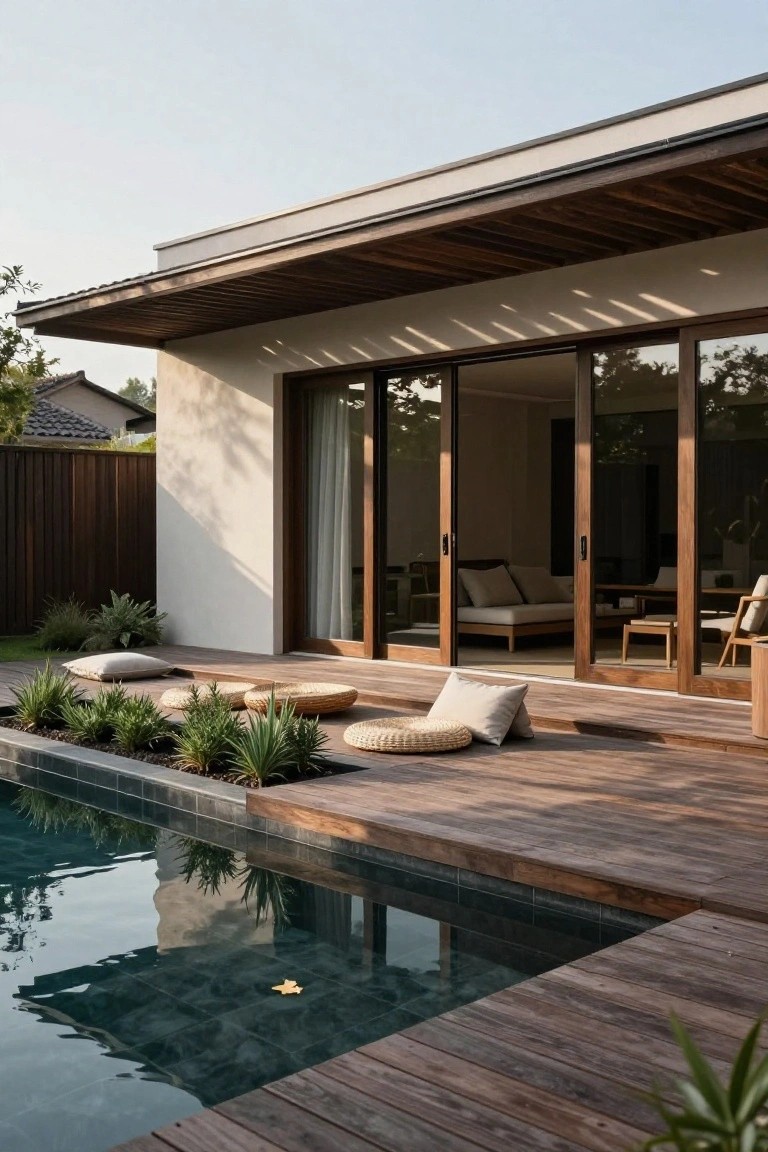 Side view of a modern house with white walls, wooden roof overhang, and large sliding glass doors opening to a wooden deck next to a rectangular pool edged in black tiles, with cushions, woven stools, and potted plants on the deck.