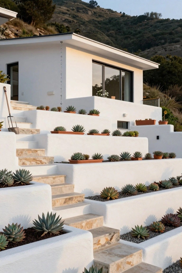 White stucco house on a hillside with terraced walls used as planters for succulents and agaves, connected by beige stone steps.