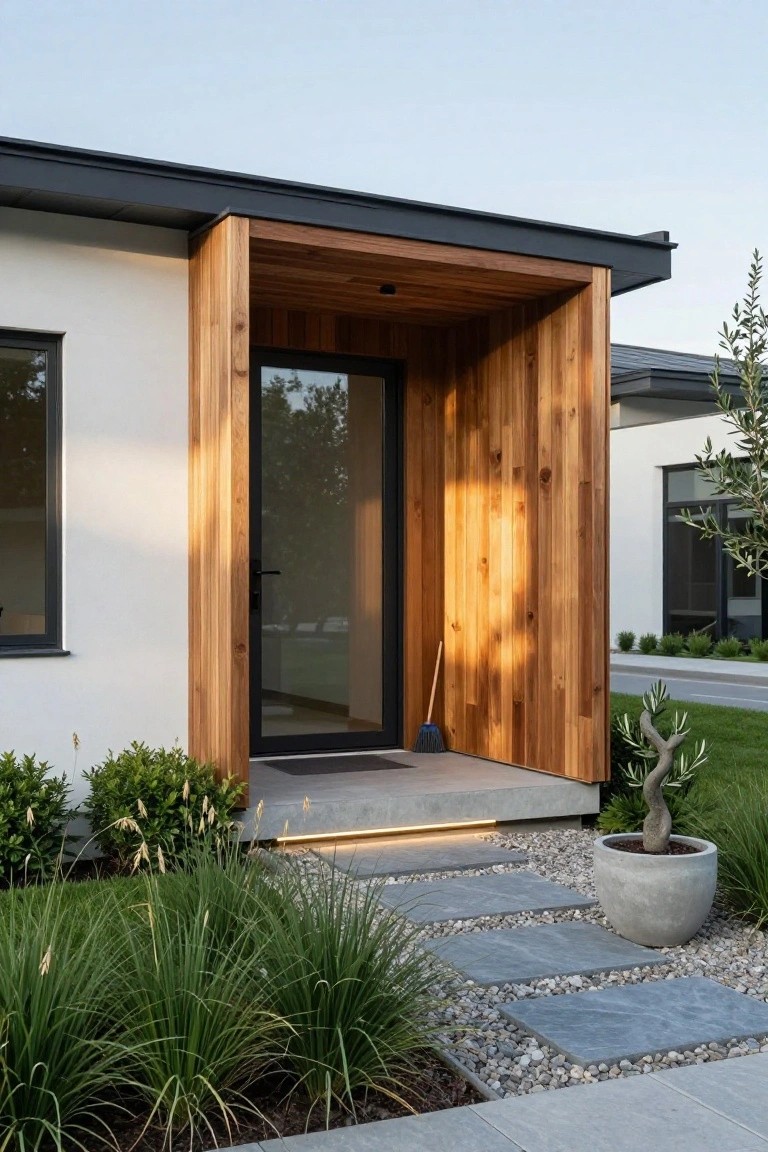 White modern house exterior with vertical wood-clad entry portal sheltering a black-framed glass door, LED-lit concrete steps leading to a dark mat, surrounded by ornamental grasses, boxwoods, potted olive tree, and gravel path.
