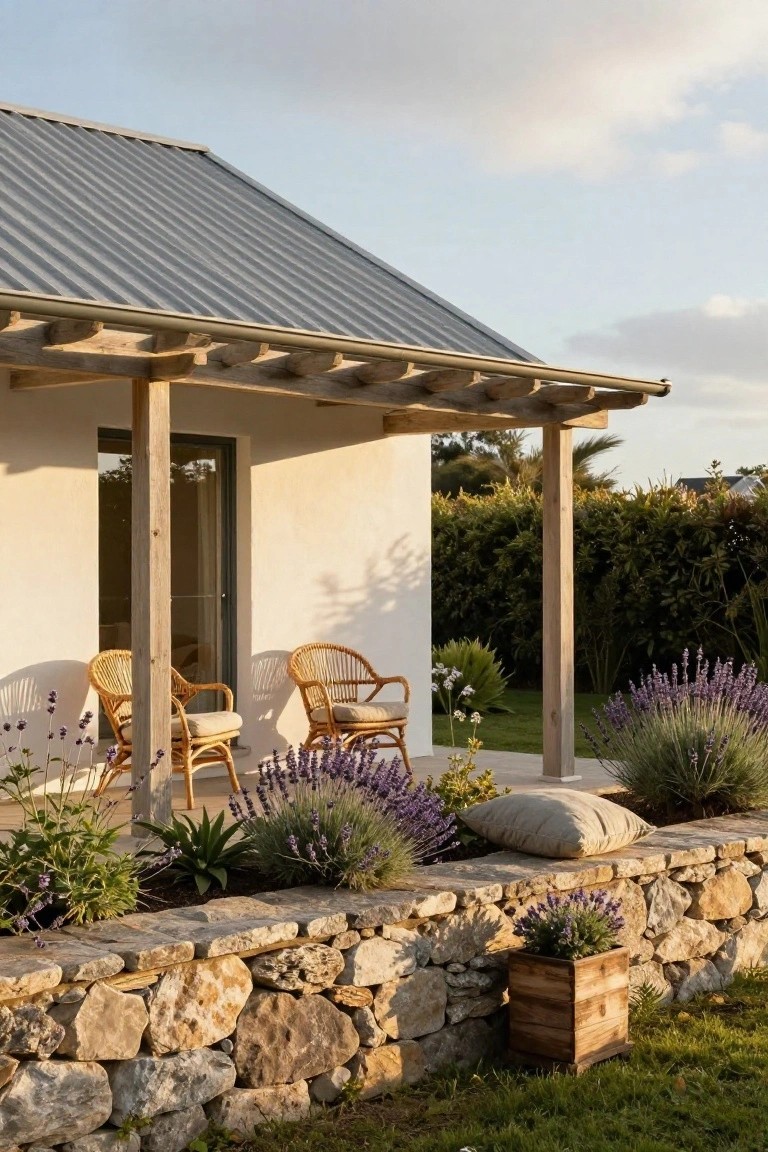 White stucco house exterior with sloped corrugated metal roof, wooden post veranda sheltering two wicker chairs and cushions, stone retaining wall planted with lavender and grasses, under partly cloudy sky.